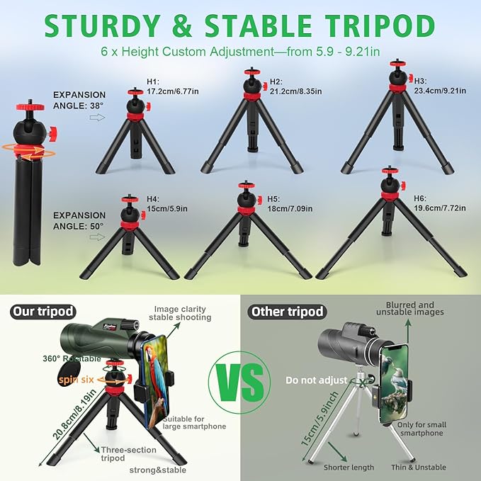 Pankoo 12x60 HD Monocular Telescope for Adults high Powered | Comes with Smartphone Adapter Tripod Hand Strap | Suitable for Bird Watching Sports Hiking Traveling