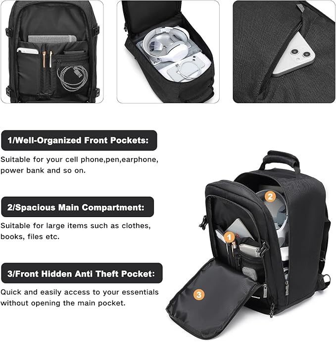 Kono Carry on Backpack, 16" Airplane Approved Under Seat Travel Backpack for Men and Women, Waterproof Lightweight Daypack for Flight 20L (Black, Small)