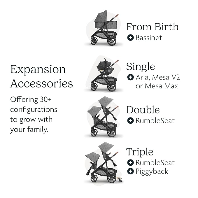 UPPAbaby Vista V3 Stroller - Full-Size Single-to-Double Stroller System - Toddler Seat, Bug Shield, Rain Shield, and Storage Bag Included - Greyson (Charcoal Mélange/Carbon Frame/Saddle Leather)