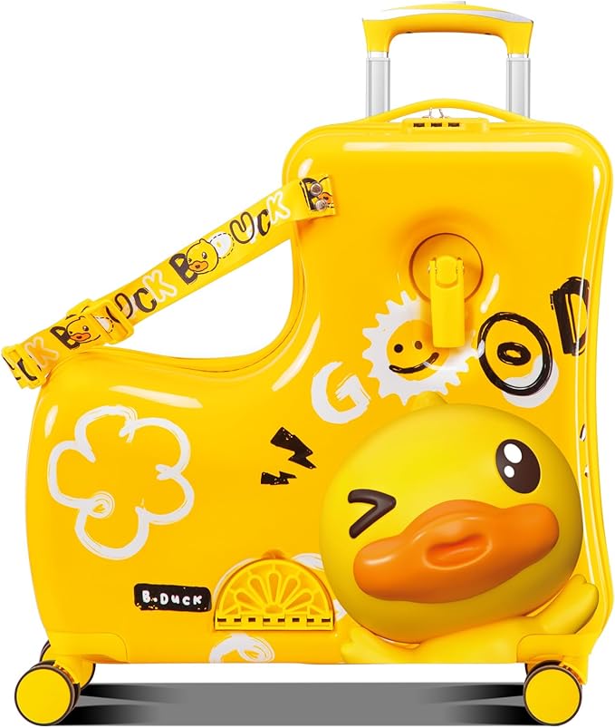 Kids' Lightweight Ride on Luggage with Spinner Wheels & Foldabe Design (Yellow Good, 24"+ Aged 3-12 Toddler)