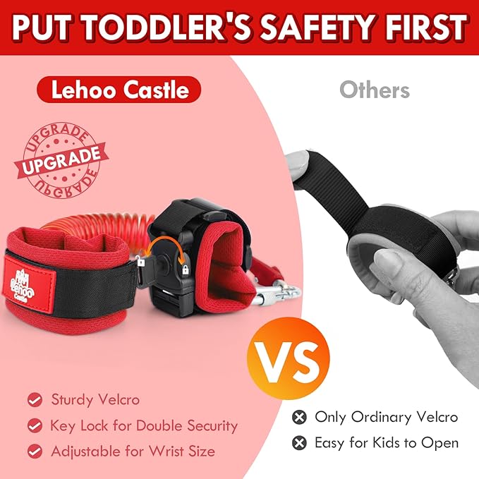 Lehoo Castle Toddler Leash for 1-5 Years, Baby Safety Harness for Girls with Anti-Lost Key Lock & Adjustable Strap, 3-in-1 Wrist Leash and Kids Backpack Harness for Walking Travel (Red Minnie Mouse)