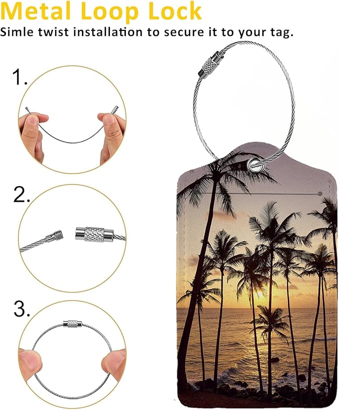 Sunset with Coconut Trees 2 Pack Luggage Tag for Suitcase, Cute Unique Leather Bag Tags Identifiers Privacy Cover ID Label with Steel Loop for Women Men Kids Girls Travel
