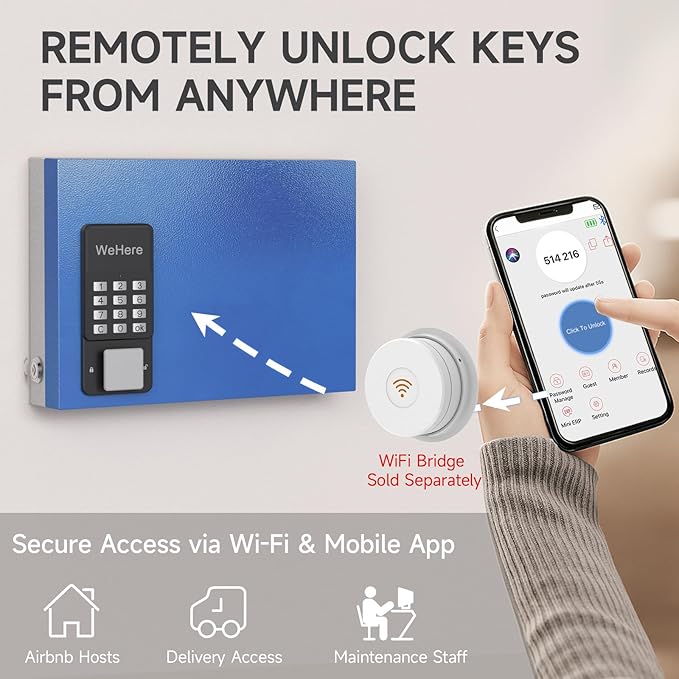 WeHere 16 Key Lock Box Wall Mount, Smart Key Cabinet with Key Tags, Bluetooth App Control, OTP & Password Unlock, Wi-Fi Remote Unlock (Bridge Sold Separately), Steel Key Safe for Office Home Business