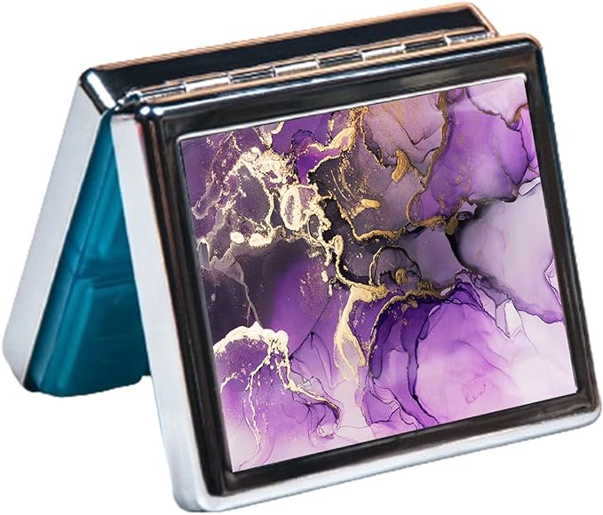 Silver Vintage Pill Box 7 Day Metal Pill Box with Mirror and 8 Compartments Cute Travel Pill Organizer for Purse (Purple and Golden Alcohol Ink Marble)
