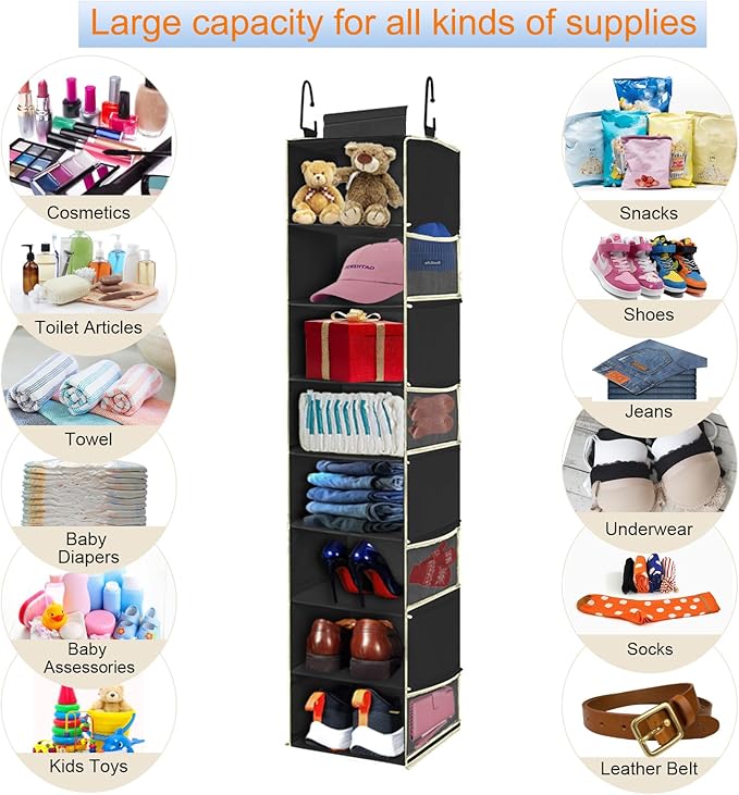 2 Pack Large-Sized Hanging Shoe Organizer 8-Shelf, Hanging Closet Organizer with 8 Side Pockets, Wider Hanging Shelves for Storage Shoes Clothes 9" W × 11.8" D× 48" H, Black.