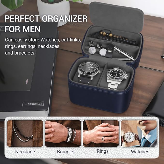 CONBOLA 2 Watch Travel Case for Men with Accessory Compartment,Compact Watch Box for Men Jewelry Case with Microsuede Interior,PU Leather Protect Fits Watches & Smartwatches Up to 55mm. (Deep Blue)