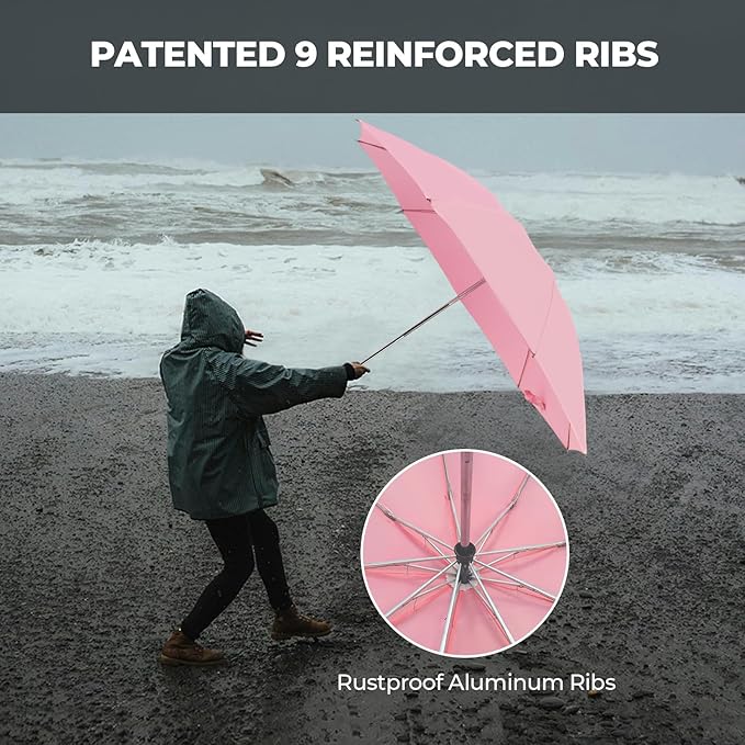 Compact Inverted Travel Umbrella, Automatic Open Close, 9-Rib 46 Inch Windproof Umbrella, Waterproof UPF 50+, Portable Umbrellas for Men, Women, Travel, and Daily Use