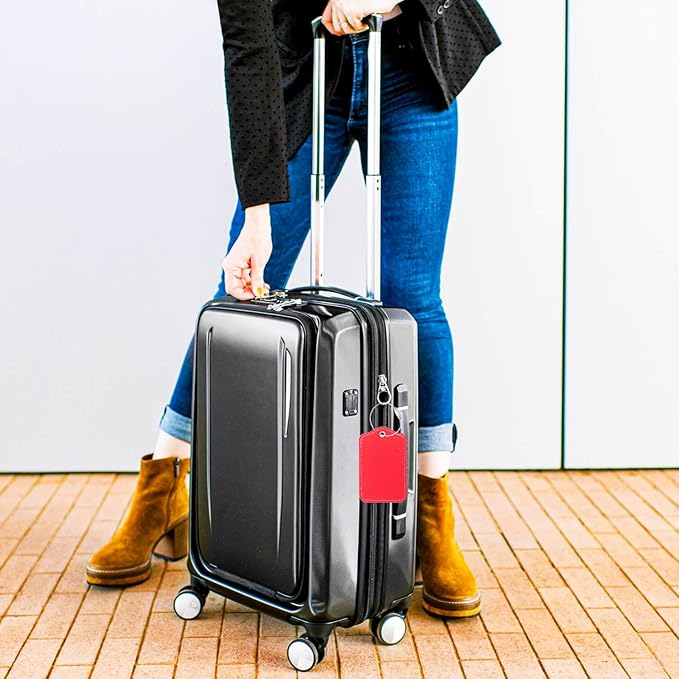 Luggage Tags for Suitcases-Leather Luggage Tag 4 Pack with Loops Cute Bag/Backpack/Suitcase Tags Travel Essentials for Flying (Red)