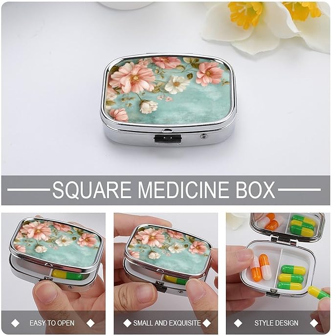 Metal 2 Compartment Pill Organizer Travel Friendly Portable Compact Pill Box Cute Pill Case,for Pocket Wallets Daily Portable Medicine Vitamin Tablet Storage (Flowers)