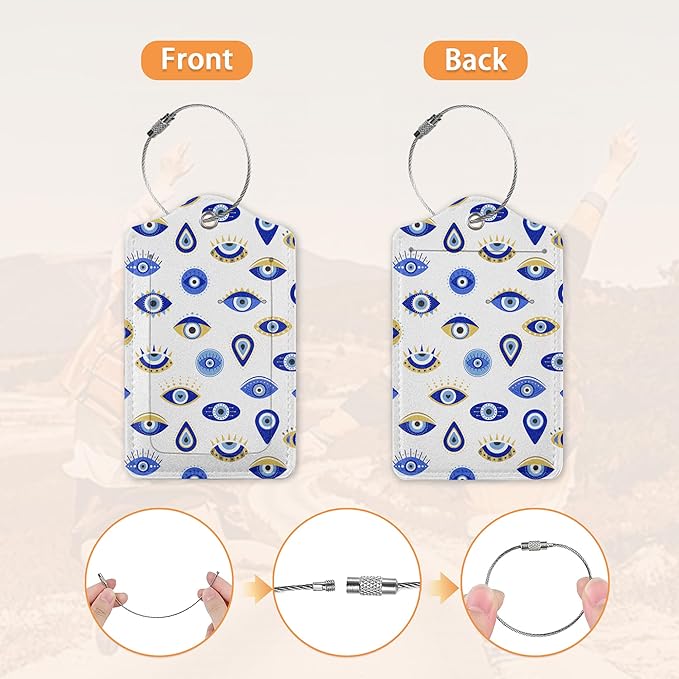 Blue Evil Eyes Hamsa Hand Luggage Tags for Suitcase,Luggage Tag with Stainless Steel Loop Privacy Cover Id Label Travel Bag Luggage Identifiers for Women Men Travel,Set of 2