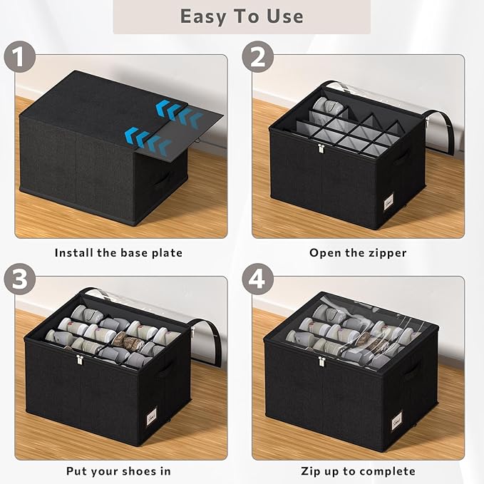 Shoe Organizer for Closet, 2 Pack Sturdy Shoe Storage Bins with Clear Cover, Fits 16-32 Pairs, Foldable Shoe Storage Box with Reinforced Handles (Black, 19.7 * 15.7 * 12.6in)