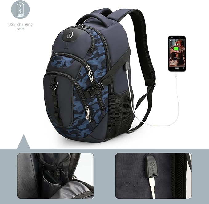 Swissdigital Design Laptop Backpack with USB Charging Port, TSA Travel Backpack Fits 15.6 inches Computer, 31L College School Backpack for Men, Blue Camo | SD803