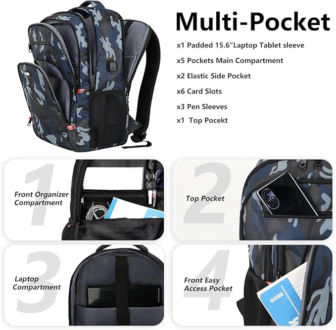 Laptop Backpack for Men,School Backpack with USB Charging Port,Water Resistant Backpack for teens boys,Business Work College bookbag,book bag Fits 15.6 Inch,Blue Back Pack