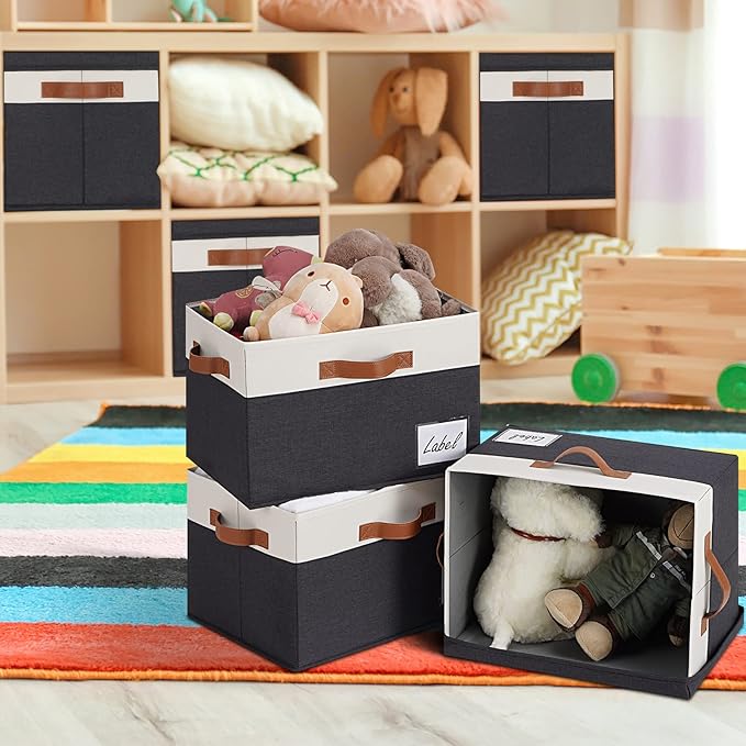 GhvyenntteS Large Storage Bins with Lids (3 Pack), Storage Baskets with Lid and Label Window, Foldable Fabric Storage Boxes with 3 Handles for Home Office College Dorms (Black, 15" x 11" x 9.7")