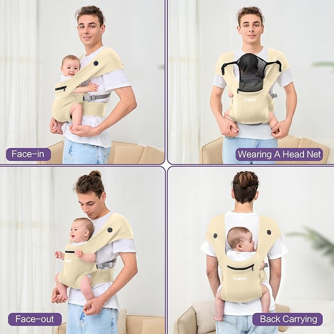 Baby Carrier Newborn to Toddler - Infant Carrier for Babies 0-36 Months, Four Different Uses Supports Up to 50 lbs, Comfortable Baby Front Carrier, Beige