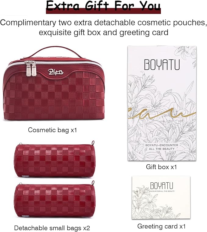 Travel Makeup Bag Organizer Cosmetic Bag: 3 Pcs Set Make up Bags for Women with Handle - Waterproof Vegan Leather Toiletry Bags with Comparments (C-11-Red)
