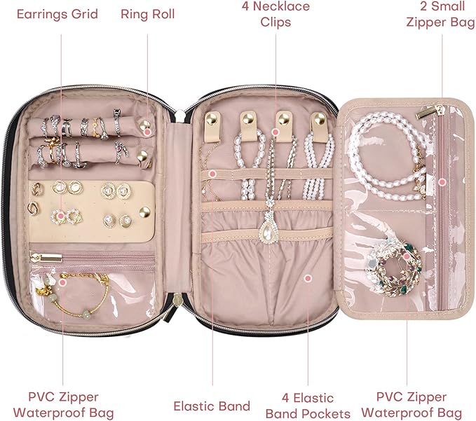 Jewelry Travel Case Organizer for Necklaces, Earrings, Rings, Bracelet, Watch, Soft Sided, Black