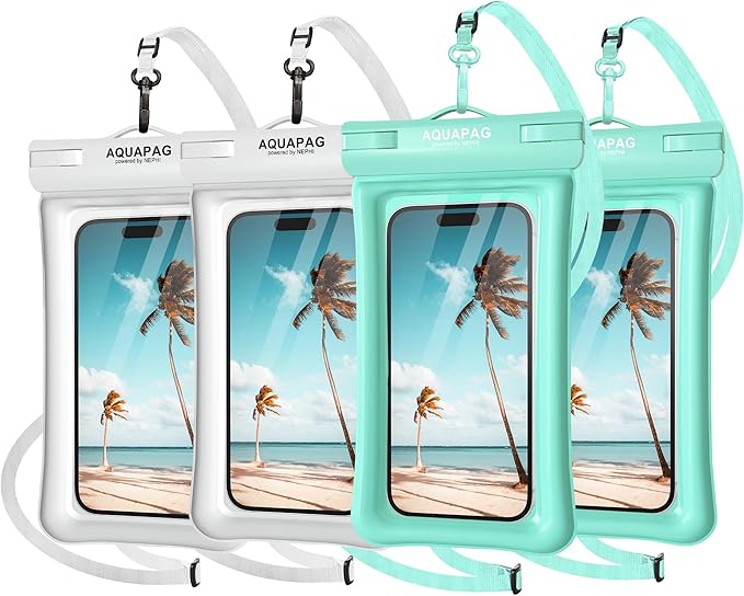 NEPHI IP68 Waterproof Phone Pouch 2 Pack-Up to 8.0"，Adjustable Neck Lanyard Floating Waterproof Phone Case for iPhone,Phone Dry Bags for Vacation Beach Pool Travel Essentials (Aqua Green white 4 pack)