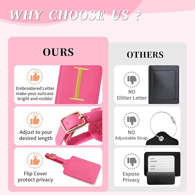 Personalized Initial Luggage Tags for Suitcase, Rose Red Leather Cute Luggage Tags with Privacy Cover Name Card, Embroidered Custom Monogram Luggage Tags Travel Backpack Tag Gifts for Women Kids(I)