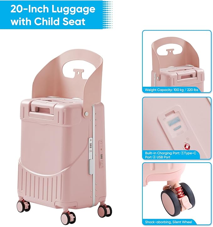 TABU 20" Ride-on Luggage with Seat，Front Opening Carry-On Hardshell Ride On Suitcase with Built-in Charging Port, 360° Lockable Spinner and TSA Lock, for Kids & Adults, Pink