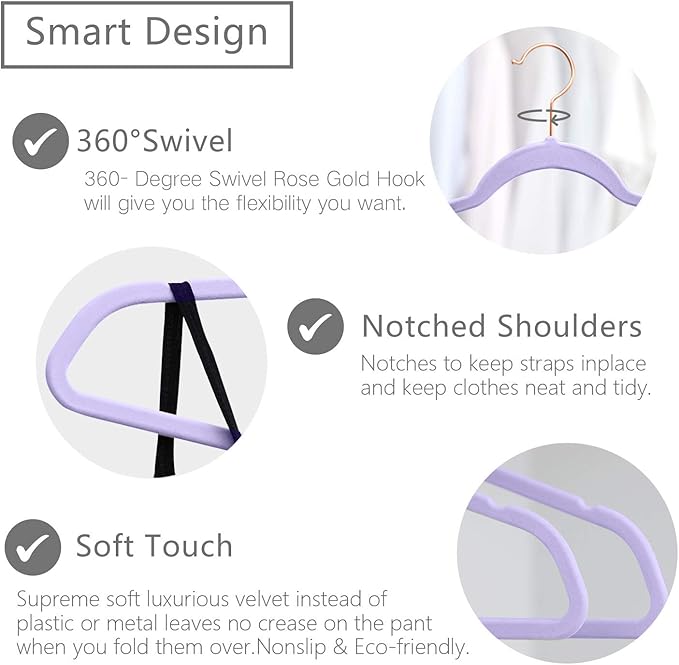 MIZGI Premium Velvet Hangers (50 Pack) Heavy Duty - Non Slip Felt Hangers - Velvet Suit Hanger Light Purple - Rose Gold Hooks,Space Saving Clothes Hanger