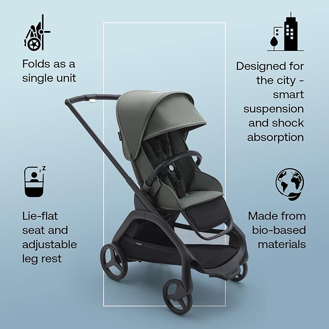 Bugaboo Dragonfly City Stroller, Lightweight Compact Baby Stroller with One Hand Easy Fold in Any Position, Full Suspension, XL Underseat Basket, Black Chassis and Forest Green Sun Canopy