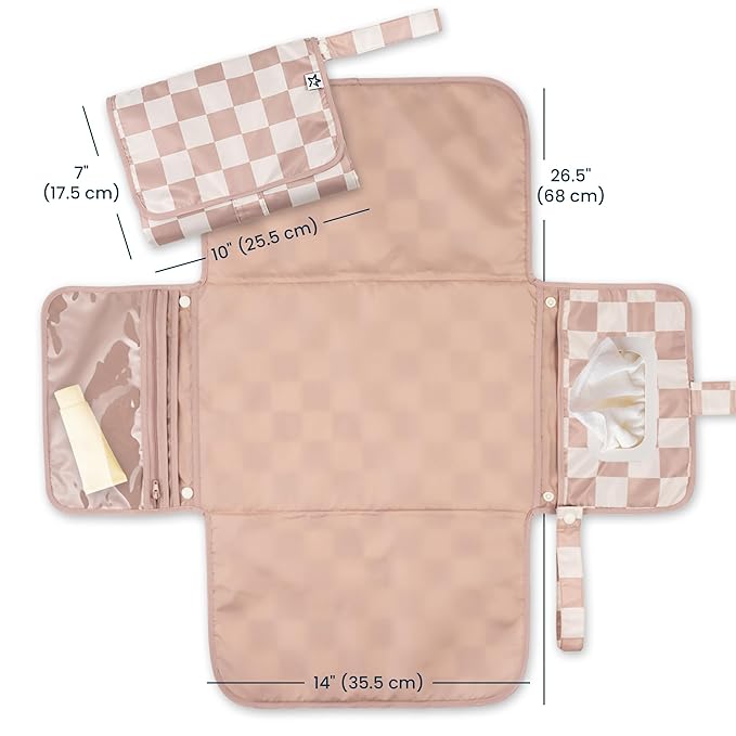 Tiny Twinkle Portable Diaper Changing Pad-Foldable Waterproof Changing Mat&Portable Changing Pad for Travel,Baby Changing Station with Smart Wipes Pocket&Storage (Beige Checkers)