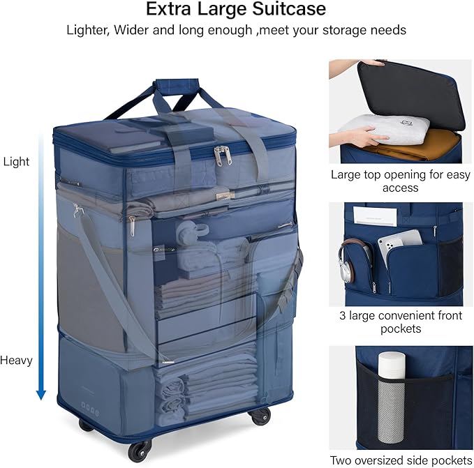 Hanke Expandable Collapsible Luggage with Wheels Suitcase Luggage Rolling Travel Bag Duffel Bag for Men Women Lightweight Suitcase Large Capacity Luggage with Spinner Wheel (Blue)