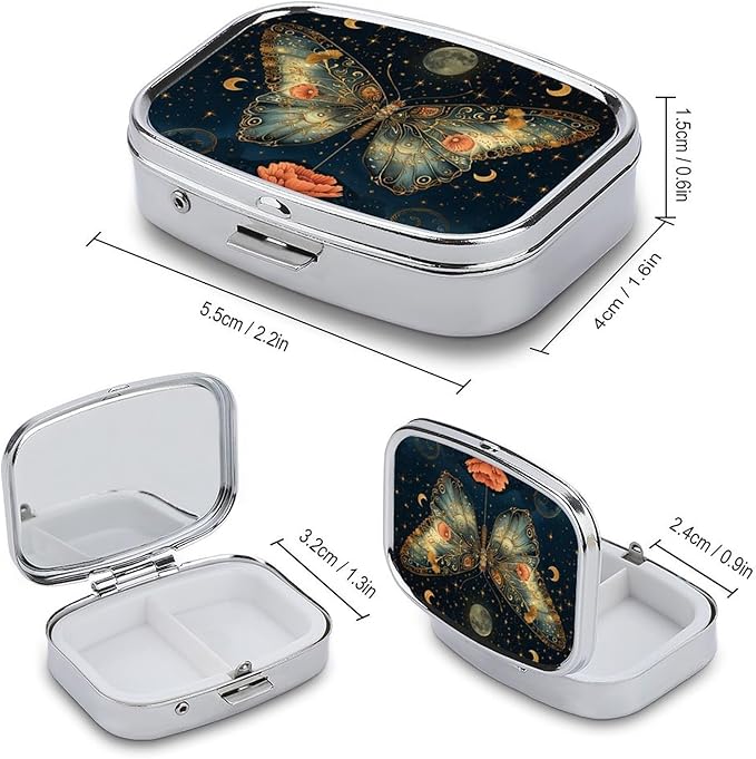 Metal 2 Compartment Pill Organizer Travel Friendly Portable Compact Pill Box Cute Pill Case to Hold Vitamins,Fish Oil,Supplements,Meds,Tablet for Purse,Pocket. (Butterflies in The Night)