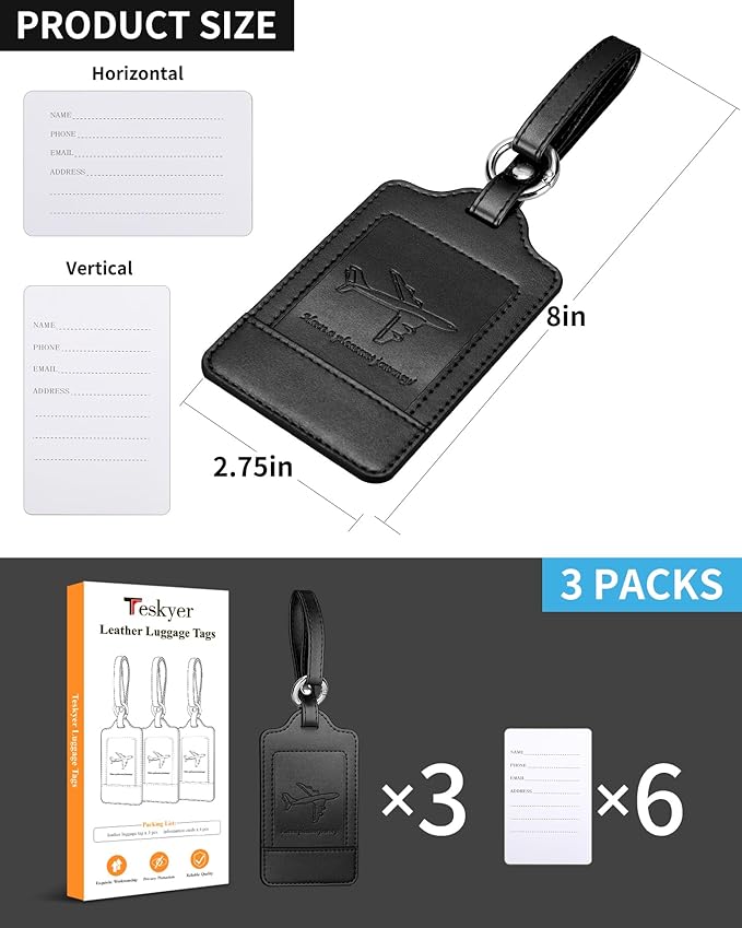 Teskyer Luggage Tags, 3 Pack PU Leather Luggage Tags for Suitcases, Privacy Protection Bag Tags Travel Essentials, Black