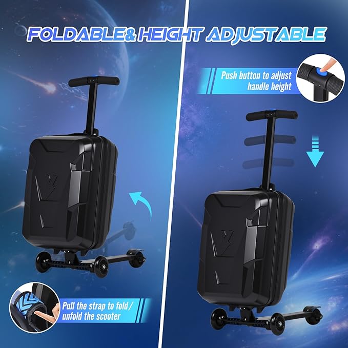 smilesun Scooter Suitcase for Kids & Adults, Foldable Carry On Travel Luggage, Hardside Ride on Scooter Suitcase with LED Light up Wheels，Black