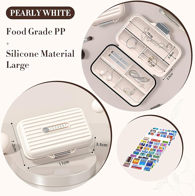 Travel Pill Organizer Box with Medicine Labels, 7 Compartments Portable Pill Case, Daily Medication Organizer Storage Pill Container for Pocket Pharmacy(Pearly White, L)