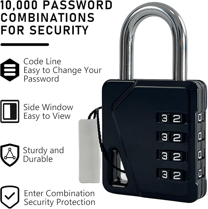 LAFENLIN 4 Pack Combination Locks, Locker Locks with Writable Tag, 4 Digit Padlock for Cases, Gym, Backpack, Backyard Gate, Fence, Hasp, Indoor, Outdoor Gate Lock, Weatherproof (Black - NO Key)