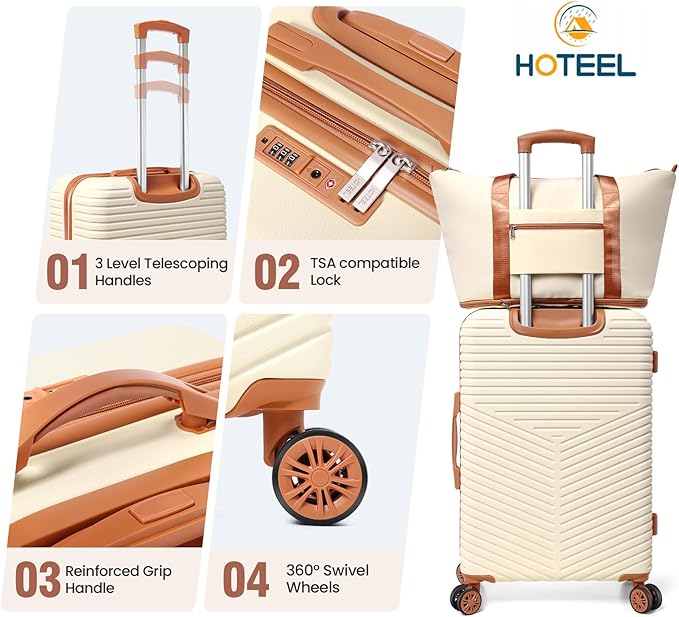 Hoteel 6 Piece Luggage Set (4-YEAR WARRANTY) Carry on ABS+PC Hard Shell Suitcase with Spinner Wheels & TSA Lock (Beige)