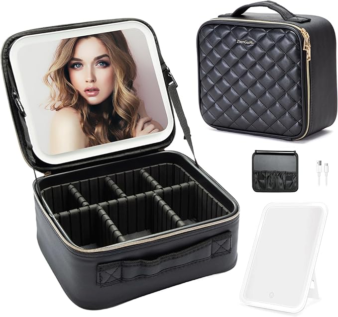 Travel Makeup Bag with LED Mirror – Waterproof Cosmetic Train Case with Adjustable Dividers, Portable Makeup Organizer and Toiletry Bag for Women, Pink Teens & Girls Gift