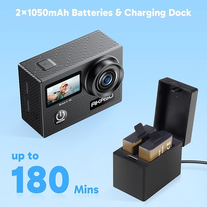 AKASO Brave 4 Action Camera 4K 30fps with 64GB MicroSD Card Bundle 20MP Ultra HD 131FT Waterproof Underwater Camera EIS WiFi Remote Control 5X Zoom Sport Cameras with Bicycle Accessories Kit