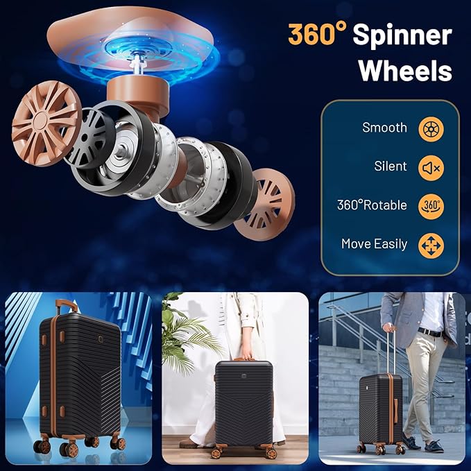 Hoteel 4 Piece Luggage Set (4-YEAR WARRANTY) with Spinner Wheels & TSA Lock, Carry on Luggage Hardshell ABS+PC, Travel Collection Suitcases Sets, Black(13/20",Travel Bag,Cosmetic Bag)
