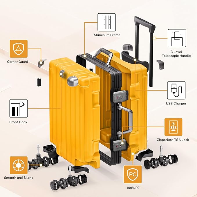 Krute Aluminum Frame Carry On Luggage 20 Inch Zipperless Luggages USB Charger Hardside PC Suitcase With Spinner Wheels Airline Approved Hard Shell Suitcases with TSA Lock (1 Piece)