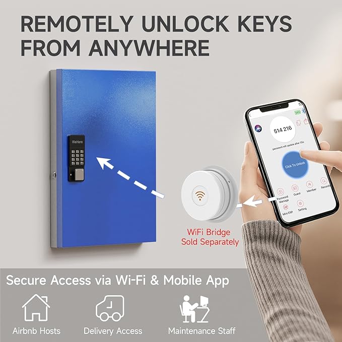 WeHere 72 Key Lock Box Wall Mount, Smart Key Cabinet with Key Tags, use OTP Share/APP Blutooth/Fixed Code Unlock,Large Key Safe Security Storage for School/Realtors/Office Key Management