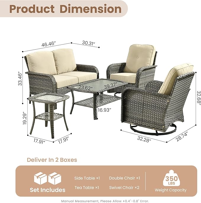 HOOOWOOO Patio Furniture Set,5 Pieces Outdoor Conversation Set,All Weather Wicker Loveseat Sofa Set with High Back Swivel Rocking Chairs Tables,Beige