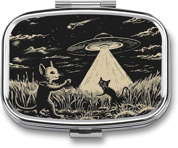 Metal 2 Compartment Pill Organizer Travel Friendly Portable Compact Pill Box Cute Pill Case to Hold Vitamins,Fish Oil,Supplements,Meds,Tablet for Purse,Pocket. (Cats and Spaceships)