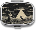 Metal 2 Compartment Pill Organizer Travel Friendly Portable Compact Pill Box Cute Pill Case to Hold Vitamins,Fish Oil,Supplements,Meds,Tablet for Purse,Pocket. (Cats and Spaceships)