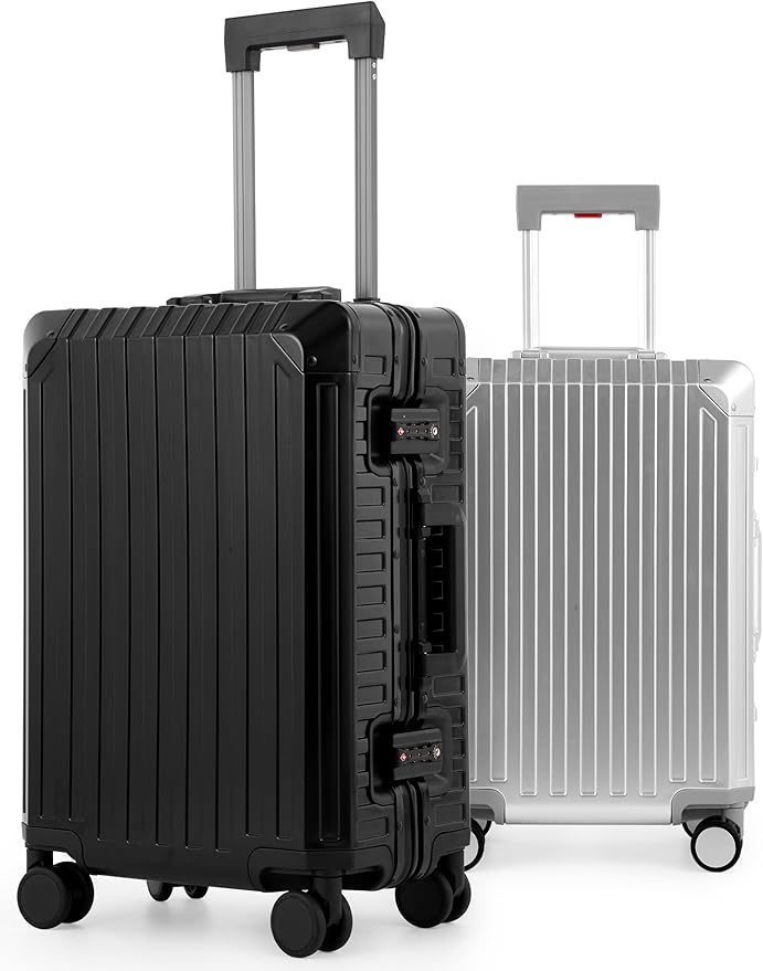 Mvst Luggage Premium All Aluminum Magnesium Carry On 20'' Lightweight Metal,Suitcase with Spinner Wheels Built-in Toiletry Set, Luggage Protector（silvery） (Black, 20inch)