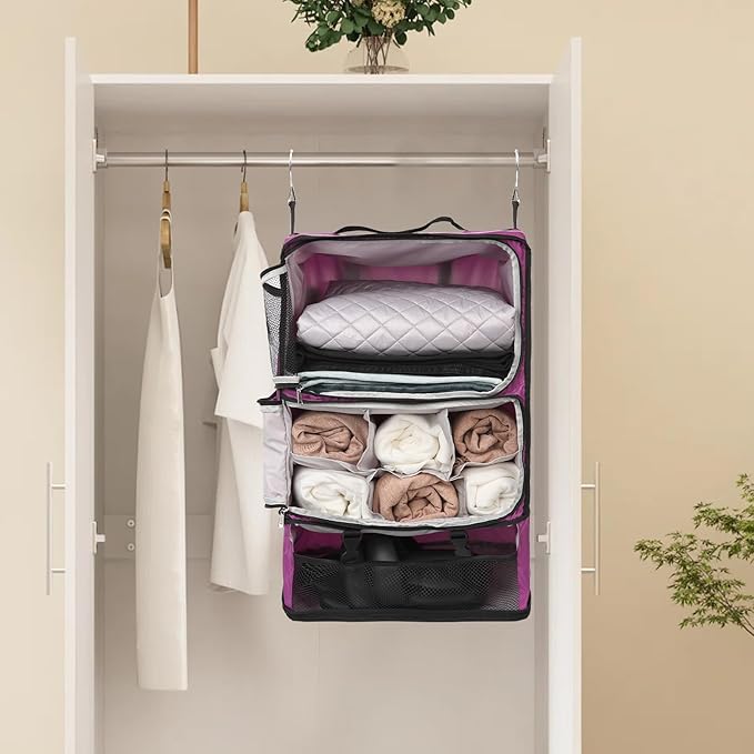 TABITORA Travel Portable Hanging Shelves Closet Organizer Packing Luggage Storage with Multifunctional and Foldable Invisible Compartment,Lightweight, for Suitcase, RV,Closet…Purple,XXL