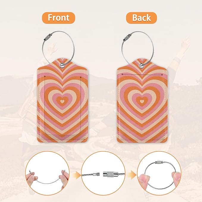 Retro Heart 70s 80s Luggage Tags Bag Tag with Privacy Cover Name Id Card Stainless Steel Loop Suitcase Labels Pu Leather Baggage Tags for Travel,2 Pcs