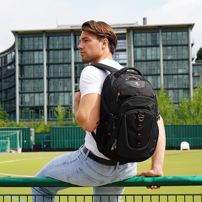 Swissdigital Design Laptop Backpack with USB Charging Port, TSA Travel Backpack Fits 15.6 inches Computer, 31L College School Backpack for Men, Black | SD803