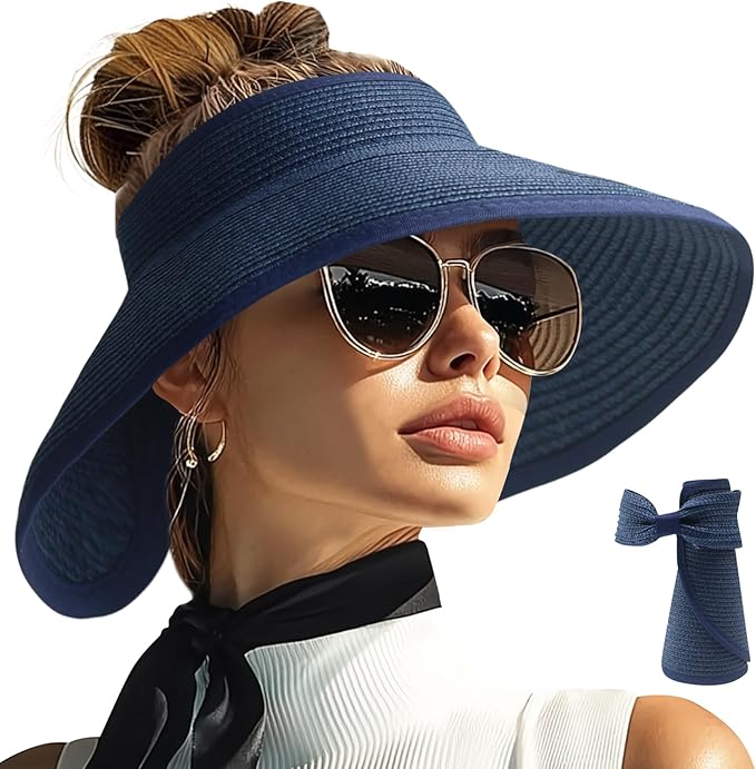 PFFY Sun Hats for Women Straw Beach Hat Packable Foldable Wide Brim Ponytail Travel Visor