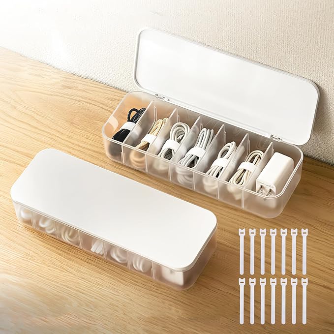 2 Pcs Cable Organizer Storage Box with 14 Wire Ties,Desktop Cable Management Box with Lid,Power Cord Organizer for Office,Home,Desk Accessories Storage Stationery Supplies White