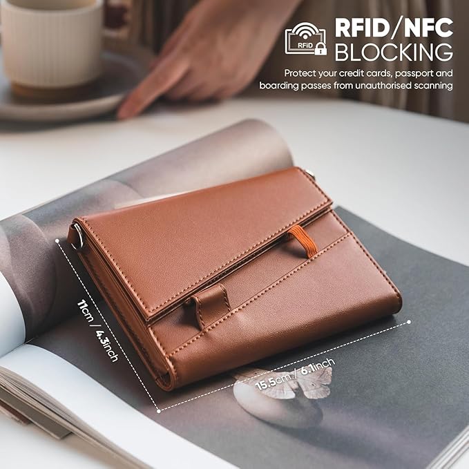 Real Leather Wallet RFID Blocking Passport Holder with Travel Lanyard Document Organizer Brown (Brown)