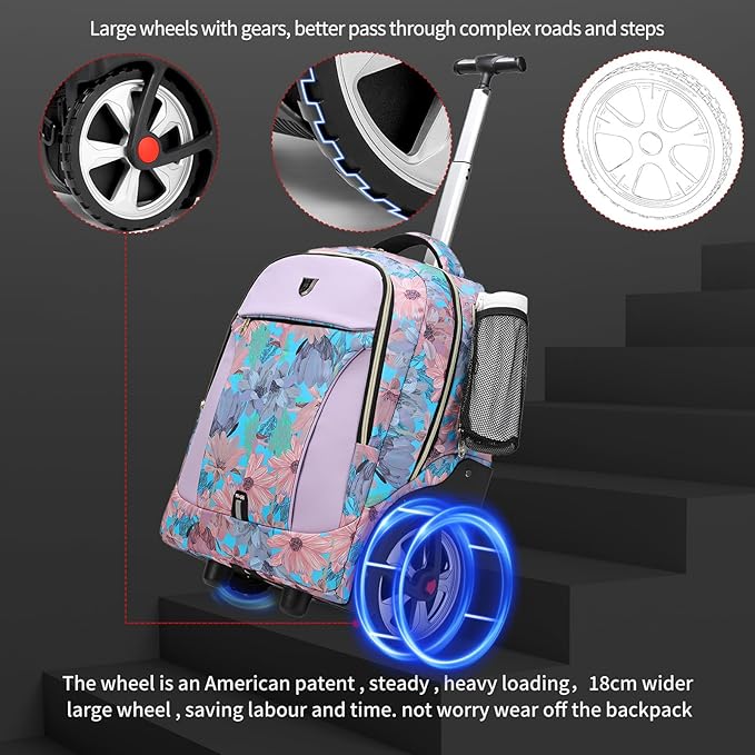 Rolling Backpack,Waterproof Backpack with Wheels for Business and Travel Commuter, Carry on Backpack with Laptop Compartment, Fit 17 Inch Laptop, Wheeled Backpack for Adults